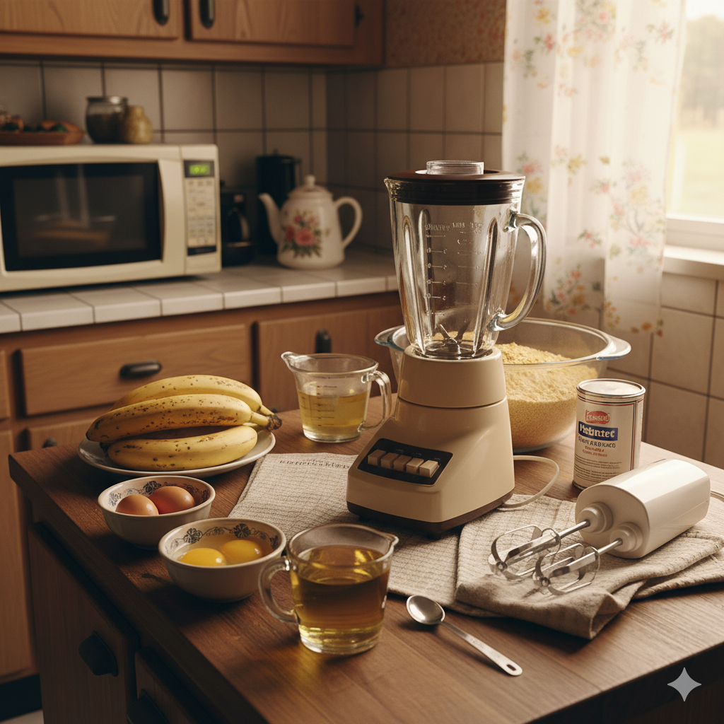 bolo 4x4 de banana é uma daquelas receitas afetivas que circularam muito nas cozinhas brasileiras entre as décadas de 70 e 80